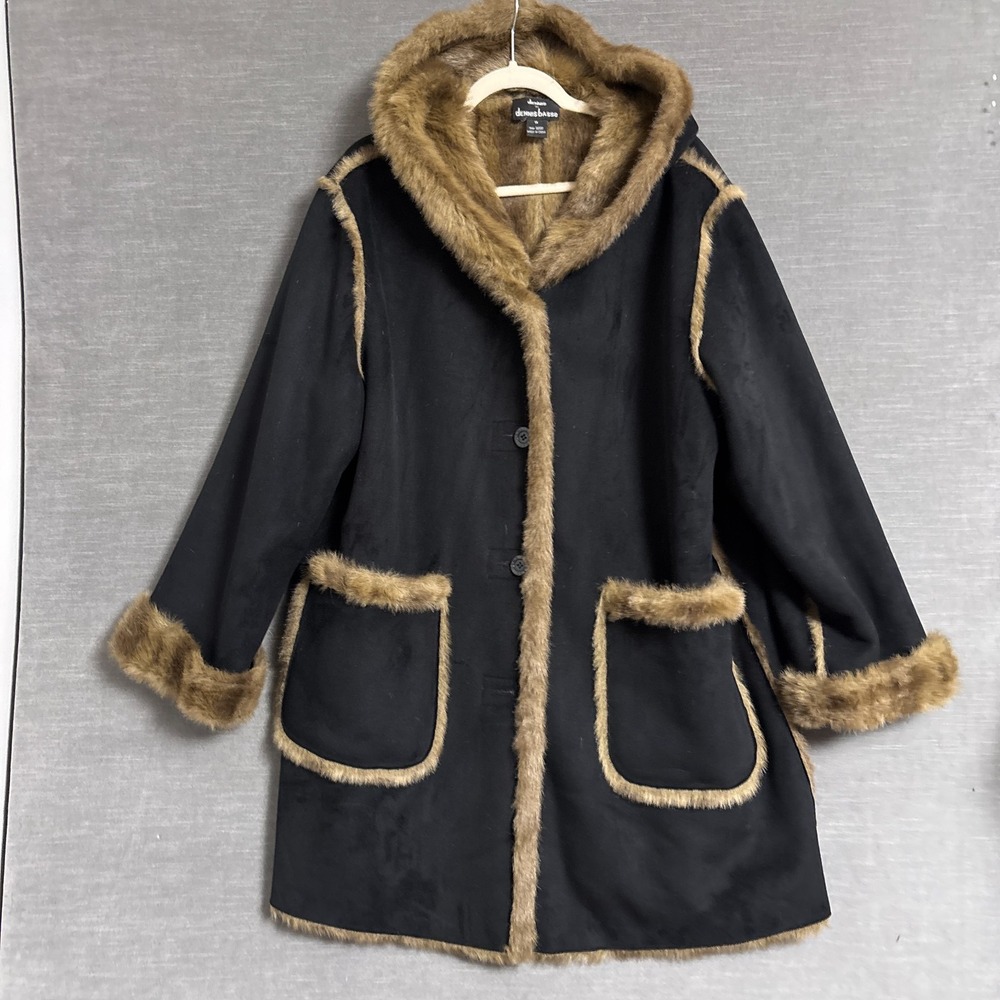 Jones New York Black Coat with Brown Faux Fur Trim